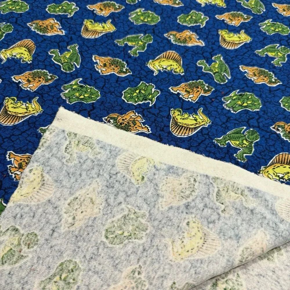 Vtg Cotton Knit Novelty Fabric Dinosaurs Dino Crackle Jurassic Blue 1yd 17 x 44